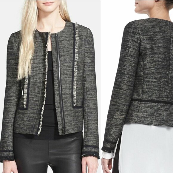 Vince Fringe-Trim Boucle Jacket Blazer Zip-Front Heathered Black - Picture 1 of 8